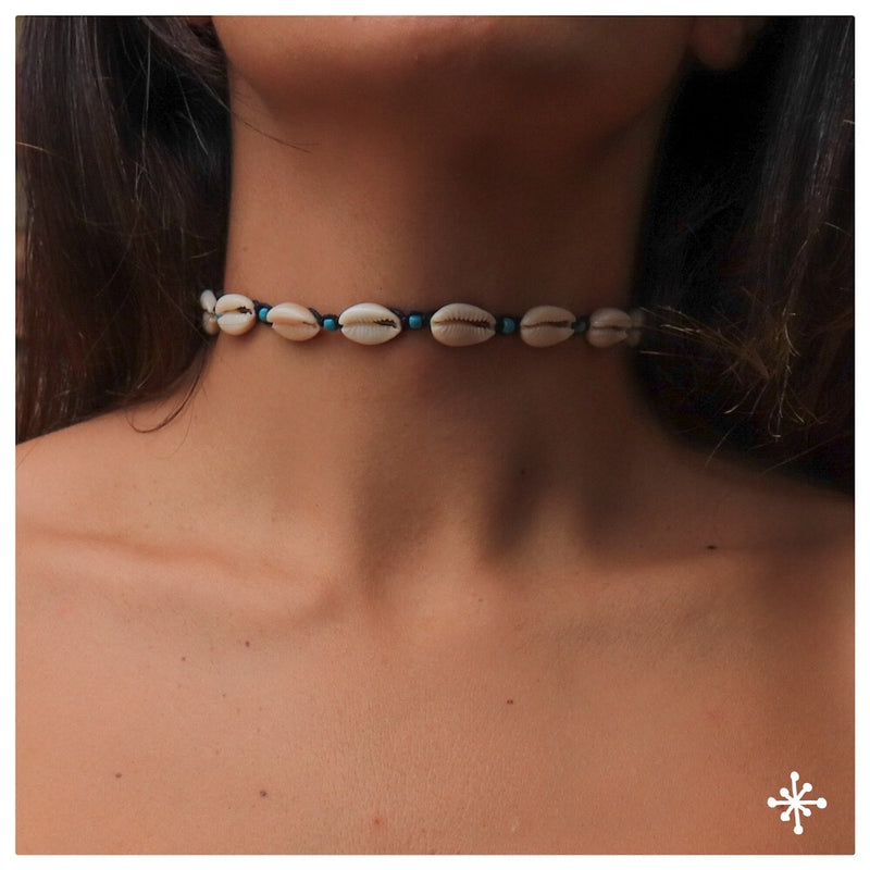 Cowrie Shell Choker 8 / Black Cord / Blue Beads.