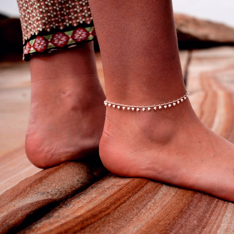 SILVER ANKLET WHITE BEADS POCO LOCO JEWELLERY