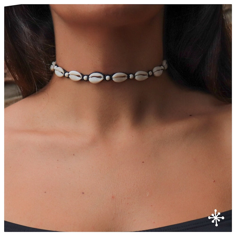 Cowrie Shell Choker 7 / Black Cord / Cream Beads