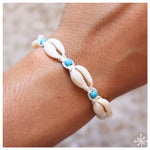 Cowrie Shell Bracelet cream with blue beads