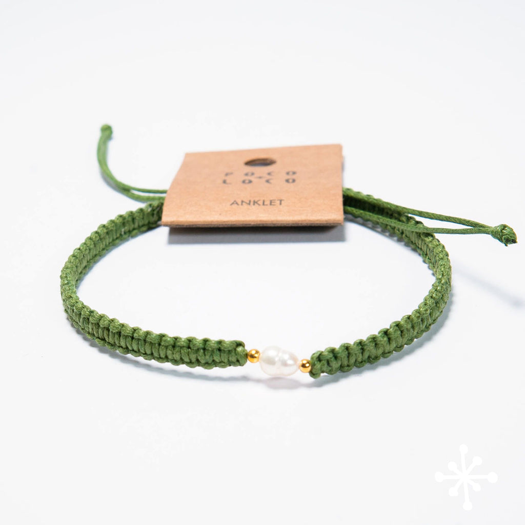Macrame pearl anklet green