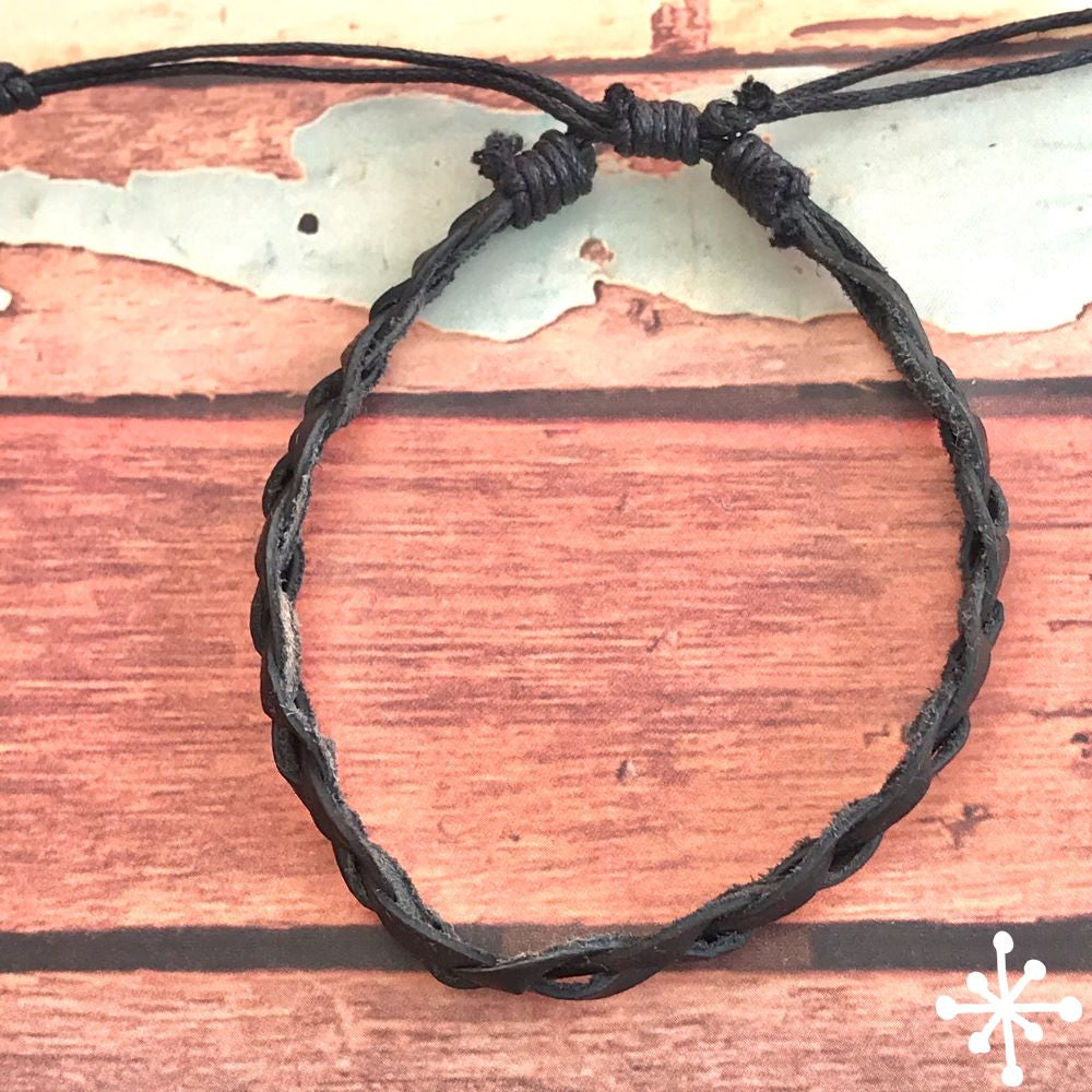 Black Leather Bracelet, Hand plaited - Toba