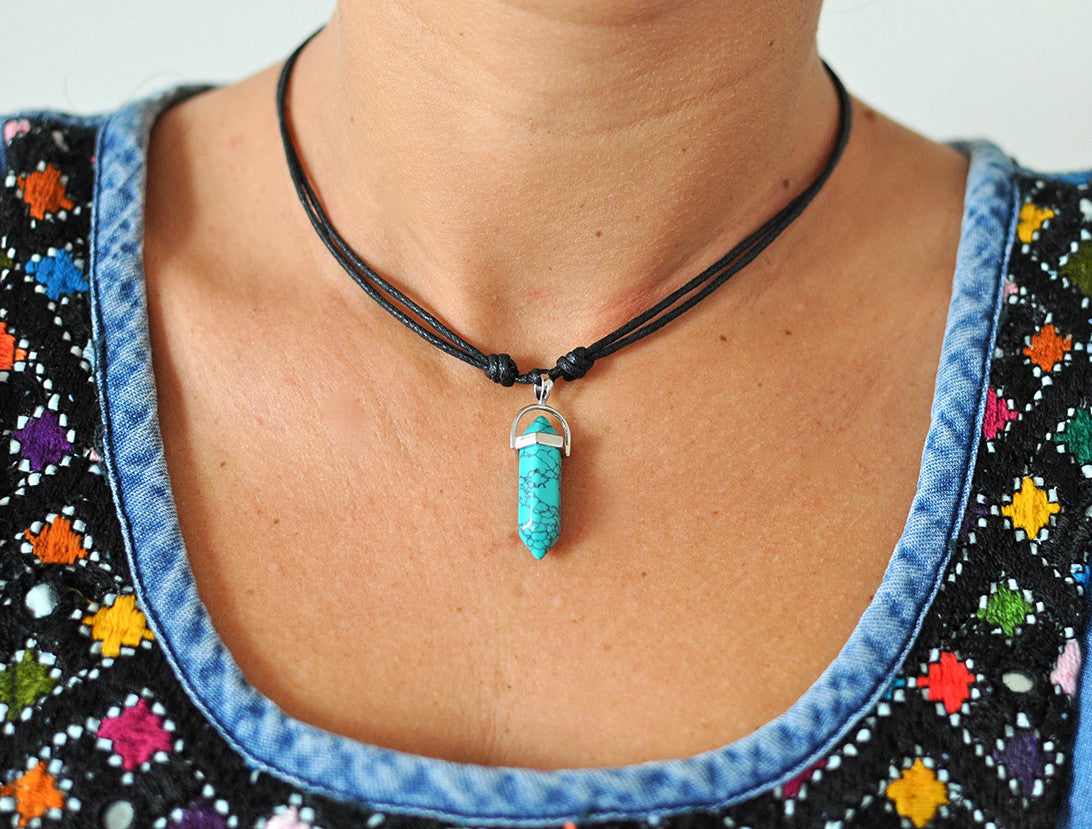 Mens necklace feather and turquoise stone in stainless steel silver INDI |  Bijou Box®