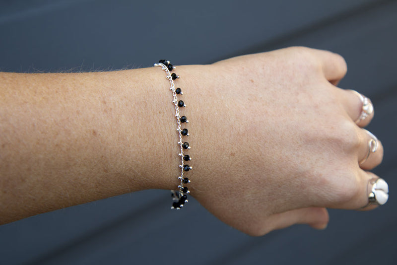 Silver bracelet with black bohemian beads