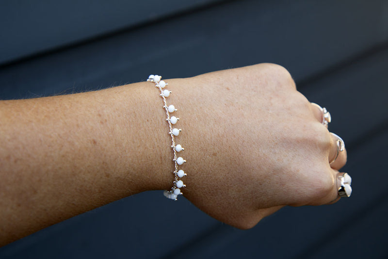 Silver bracelet with white bohemian beads