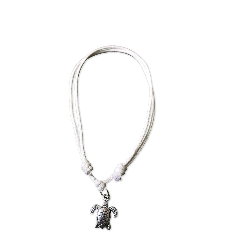 Silver Turtle Anklet with Cream cord